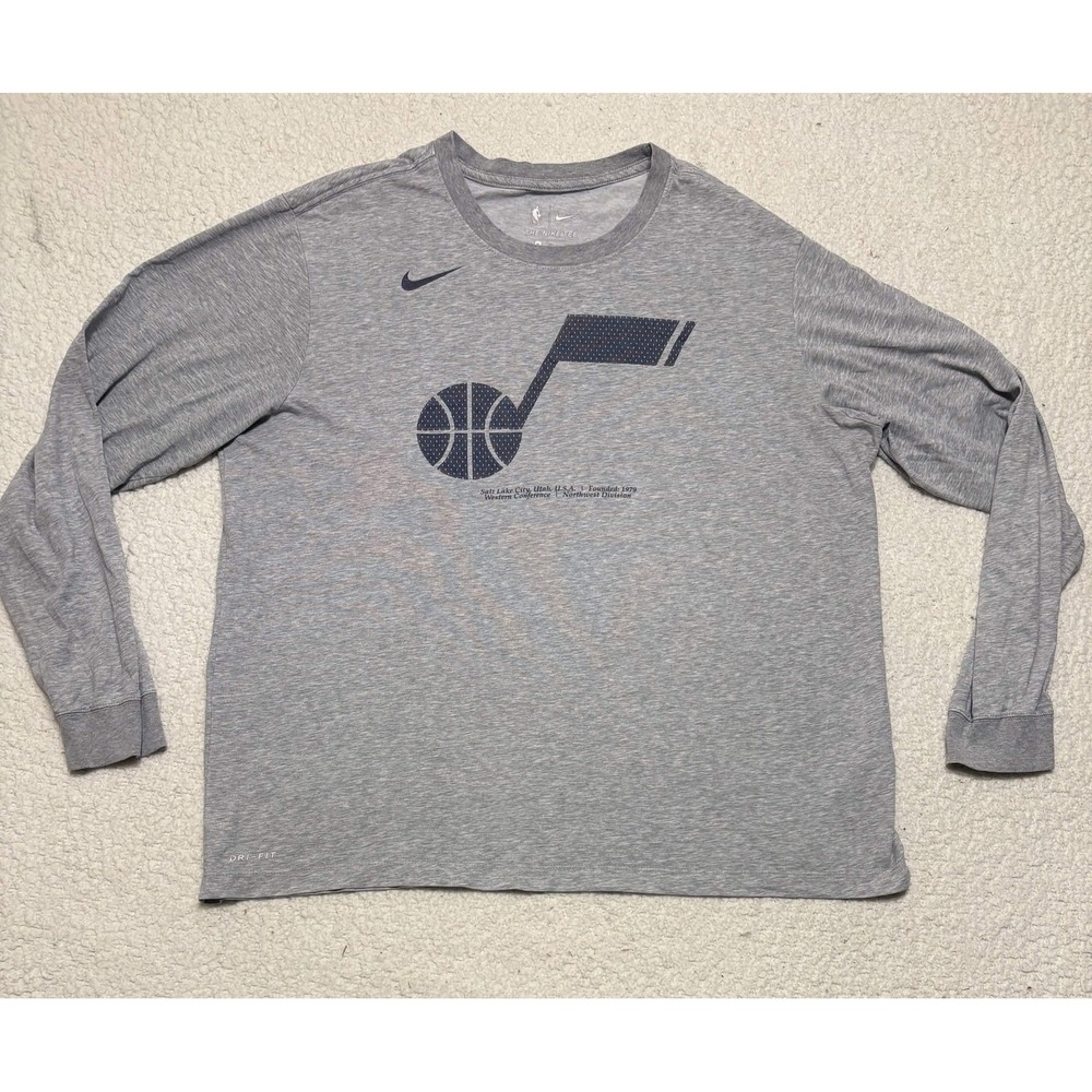 Nike Mens Utah Jazz Long Sleeve T-shirt Gray Dri-Fit NBA Size XL
